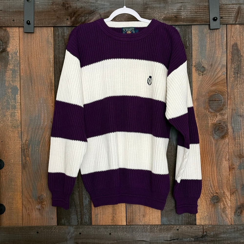 Chaps Ralph Lauren Purple White Striped Cotton Shaker Knit Sweater Mens Large